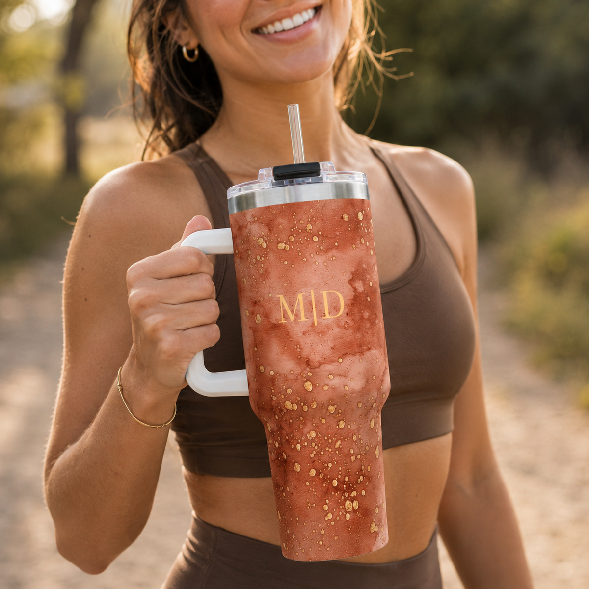 Personalized 40oz Tumbler with Handle - Rust Marble Custom Initials