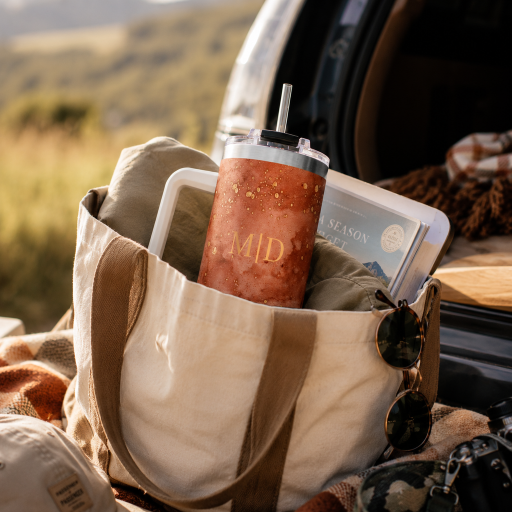 Personalized 40oz Tumbler with Handle - Rust Marble Custom Initials