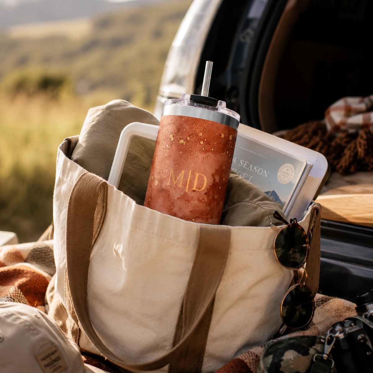 Personalized 40oz Tumbler with Handle - Rust Marble Custom Initials