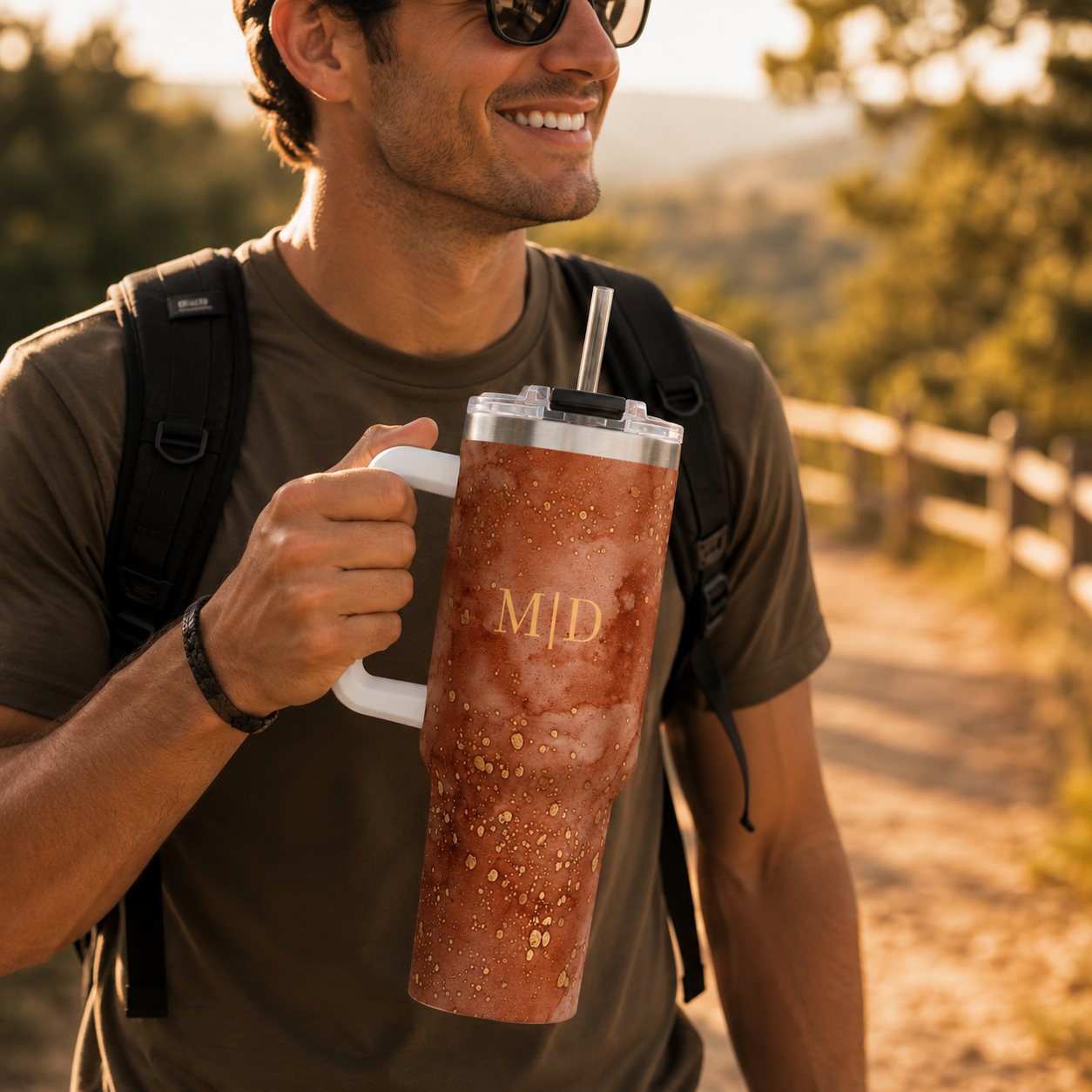 Personalized 40oz Tumbler with Handle - Rust Marble Custom Initials