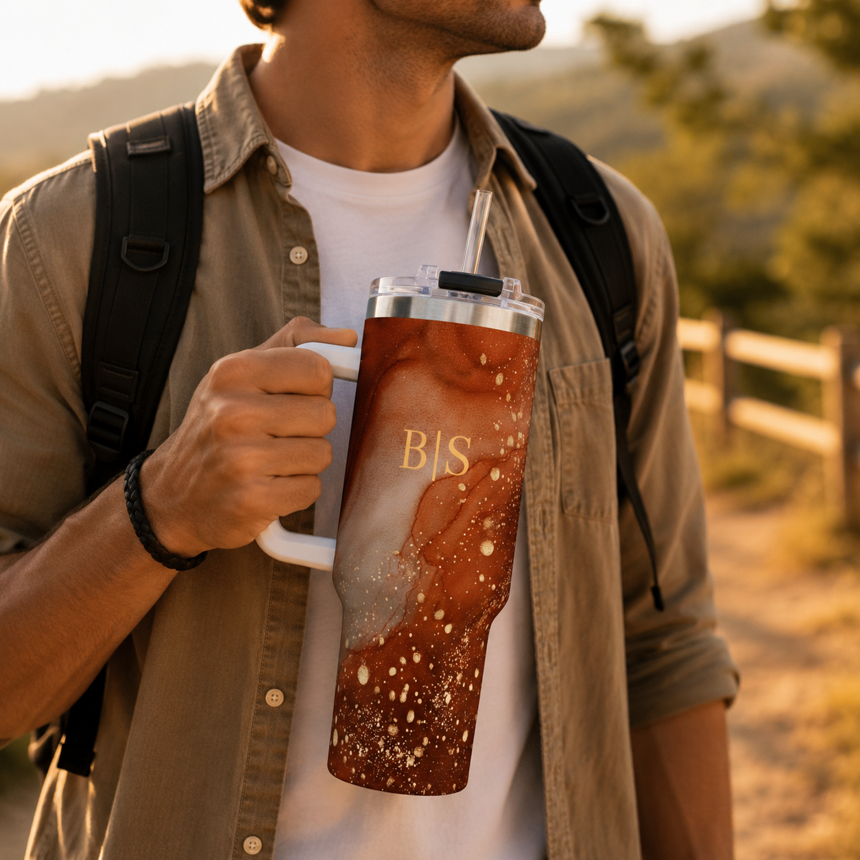 Personalized 40oz Tumbler with Handle - Terracotta Marble Custom Initials