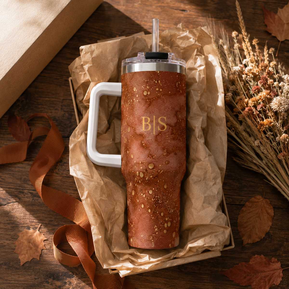 Personalized 40oz Tumbler with Handle - Terracotta Marble Custom Initials