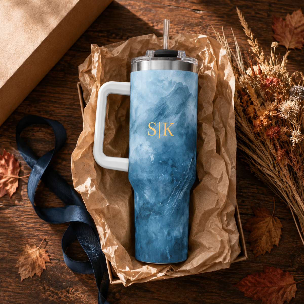 Personalized 40oz Tumbler with Handle - Blue Mountain Custom Initials
