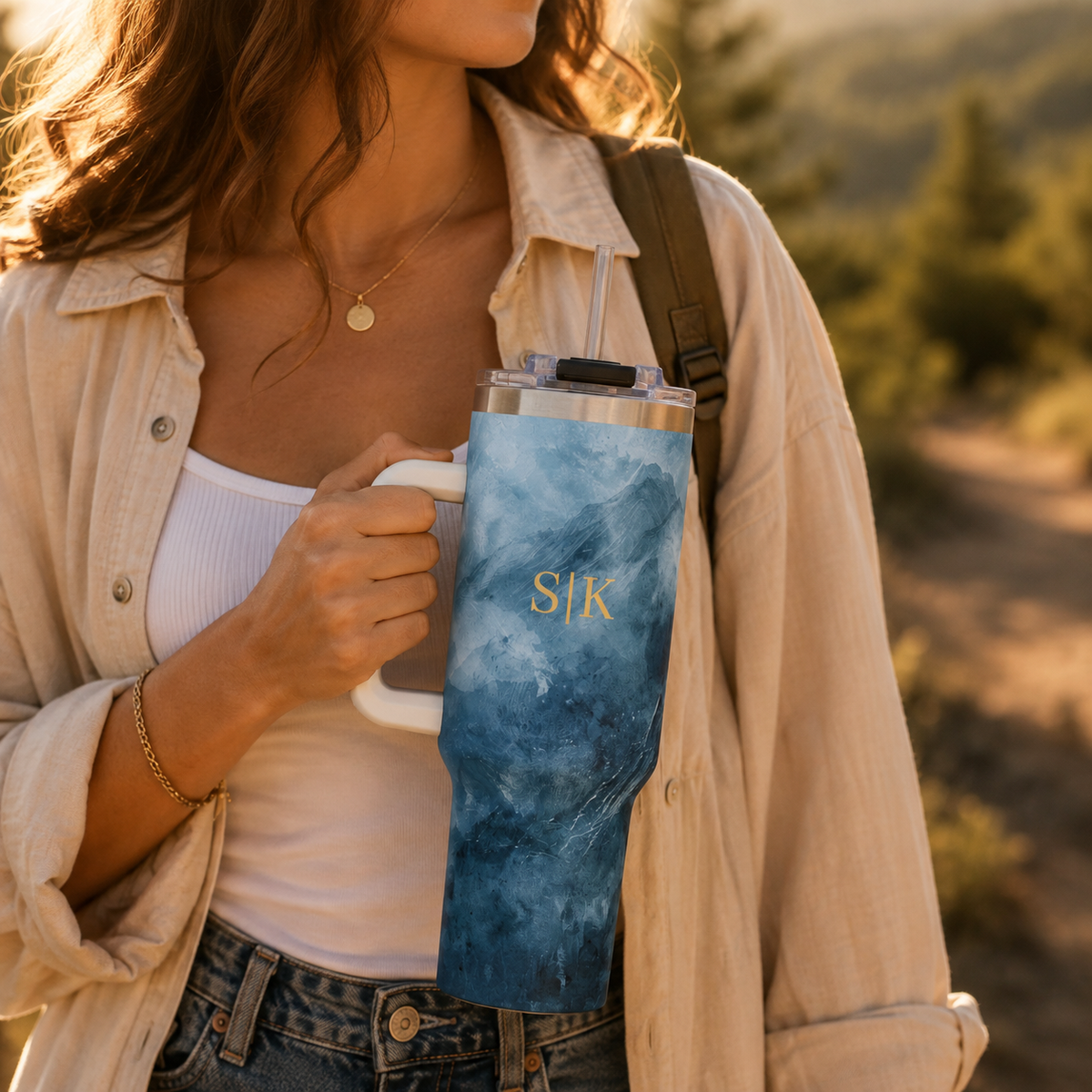 Personalized 40oz Tumbler with Handle - Blue Mountain Custom Initials