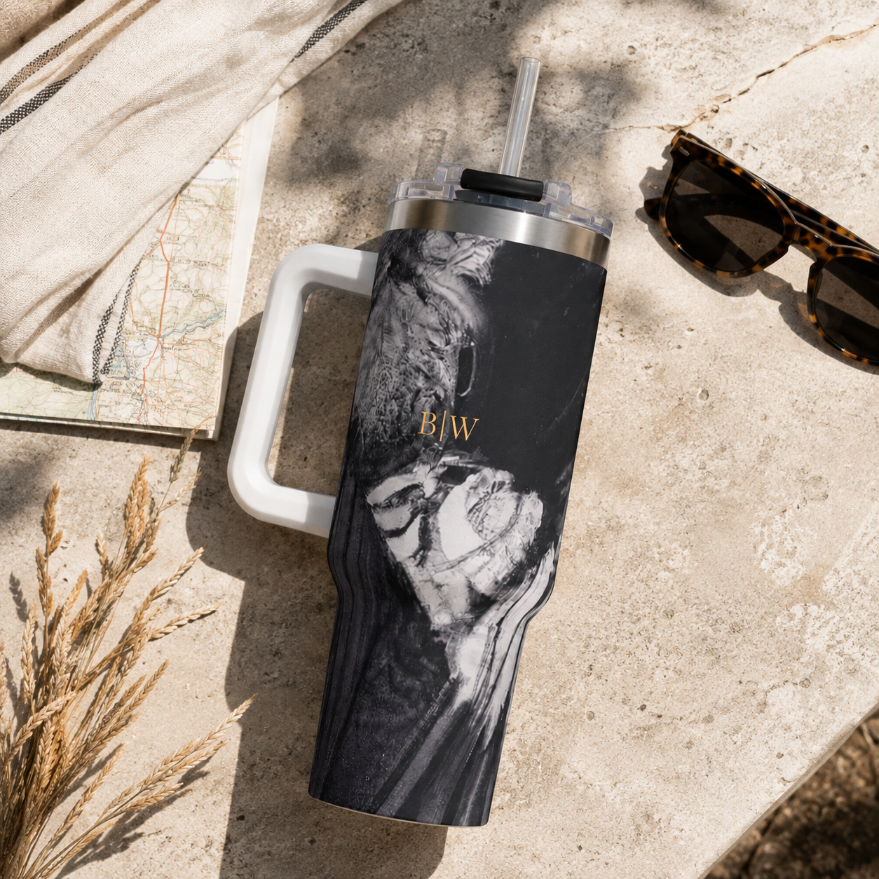 Personalized 40oz Tumbler with Handle - Charcoal Wave Custom Initials
