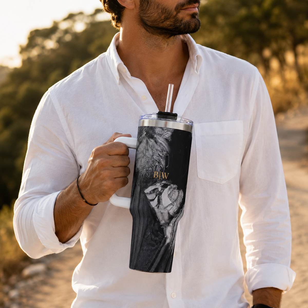 Personalized 40oz Tumbler with Handle - Charcoal Wave Custom Initials