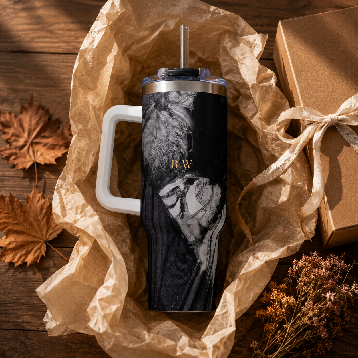 Personalized 40oz Tumbler with Handle - Charcoal Wave Custom Initials
