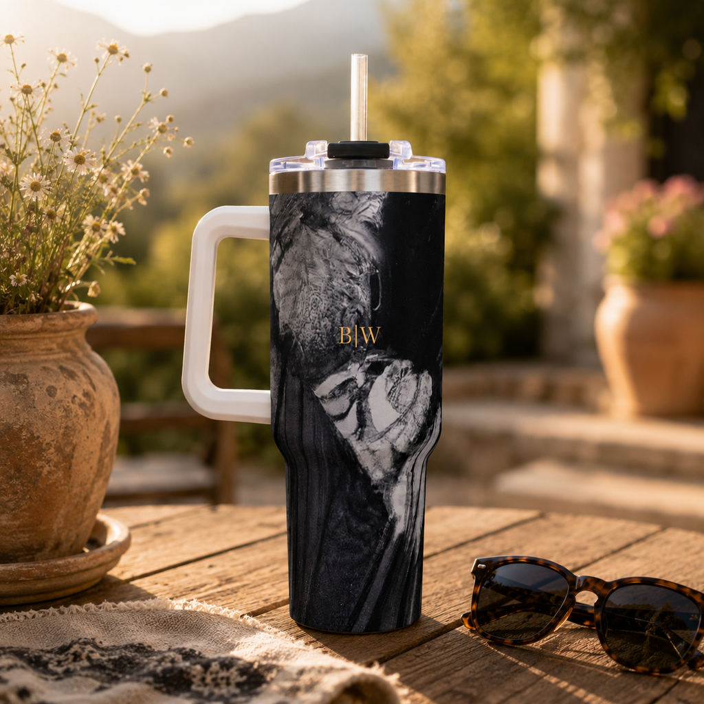 Personalized 40oz Tumbler with Handle - Charcoal Wave Custom Initials