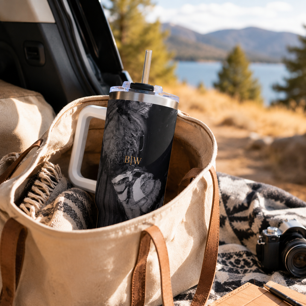 Personalized 40oz Tumbler with Handle - Charcoal Wave Custom Initials
