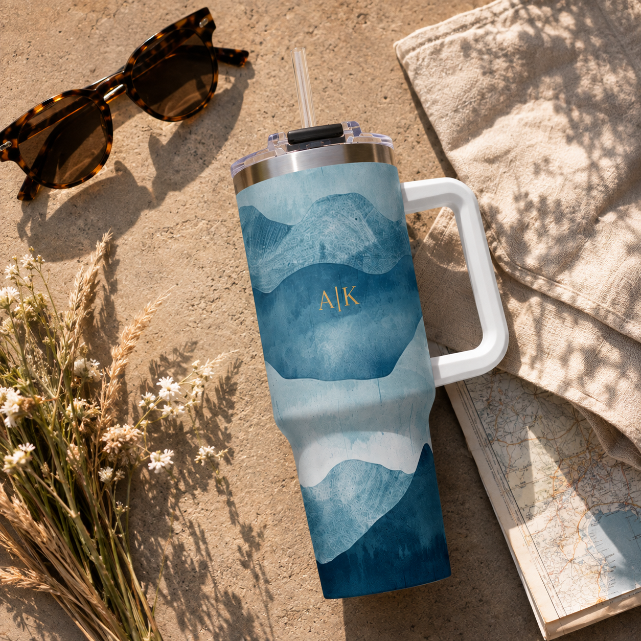 Personalized 40oz Tumbler with Handle - Teal Mountain Custom Initials