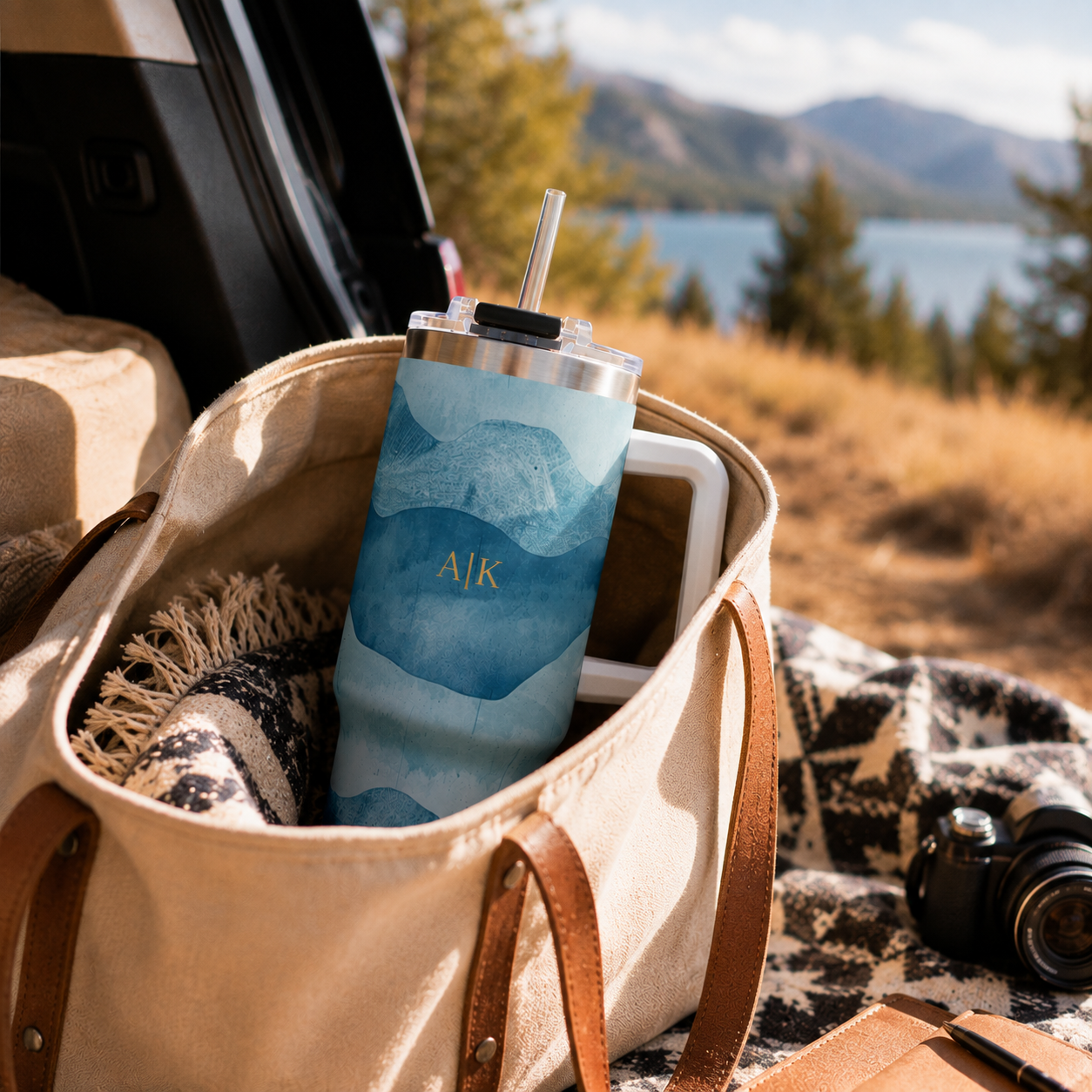 Personalized 40oz Tumbler with Handle - Teal Mountain Custom Initials