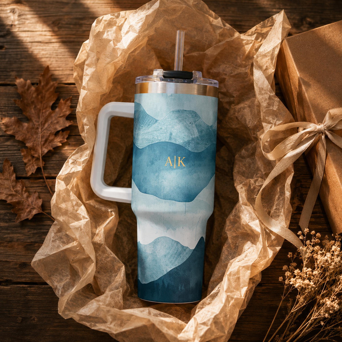 Personalized 40oz Tumbler with Handle - Teal Mountain Custom Initials