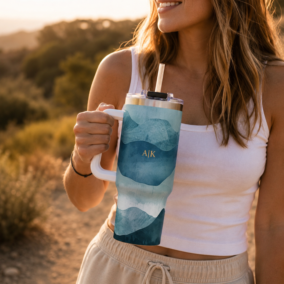 Personalized 40oz Tumbler with Handle - Teal Mountain Custom Initials
