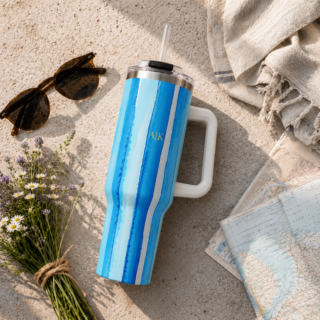 Personalized 40oz Tumbler with Handle - Blue Vertical Stripe Custom Initials