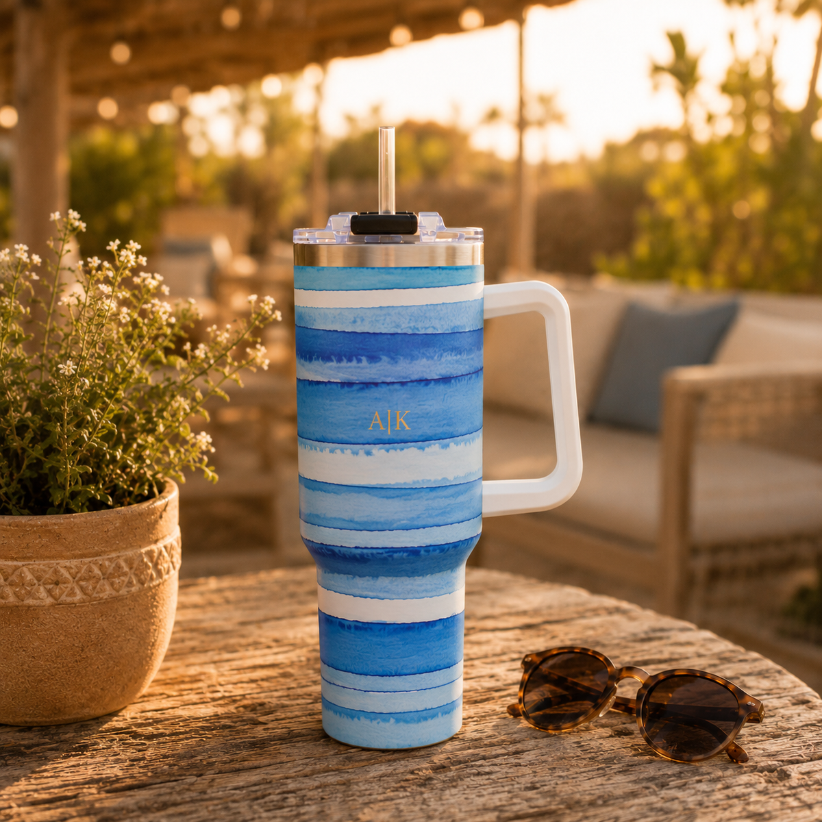 Personalized 40oz Tumbler with Handle - Blue Vertical Stripe Custom Initials