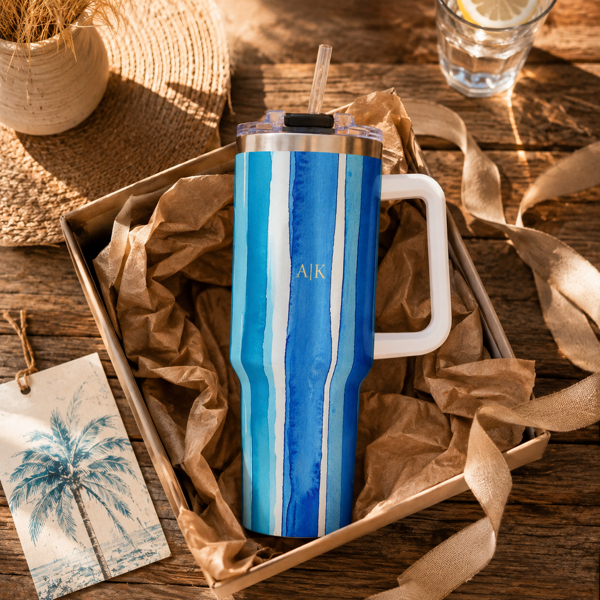 Personalized 40oz Tumbler with Handle - Blue Vertical Stripe Custom Initials
