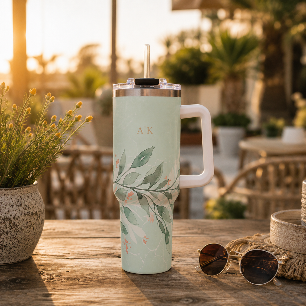 Personalized 40oz Tumbler with Handle - Sage Leaf Branch Custom Initials