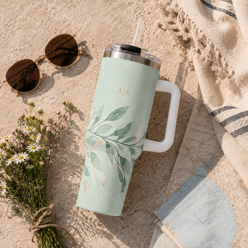 Personalized 40oz Tumbler with Handle - Sage Leaf Branch Custom Initials