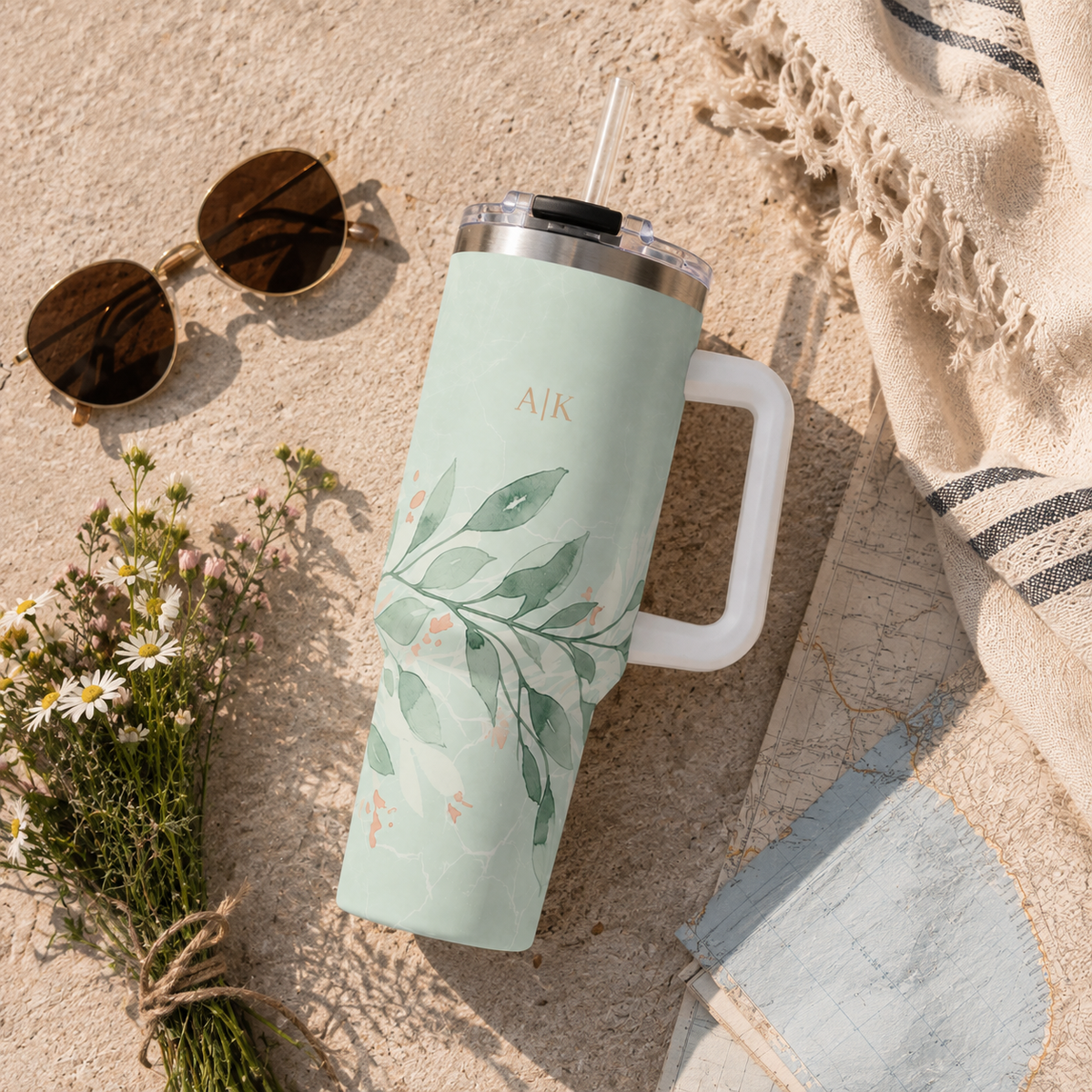 Personalized 40oz Tumbler with Handle - Sage Leaf Branch Custom Initials