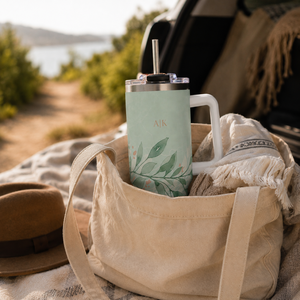 Personalized 40oz Tumbler with Handle - Sage Leaf Branch Custom Initials