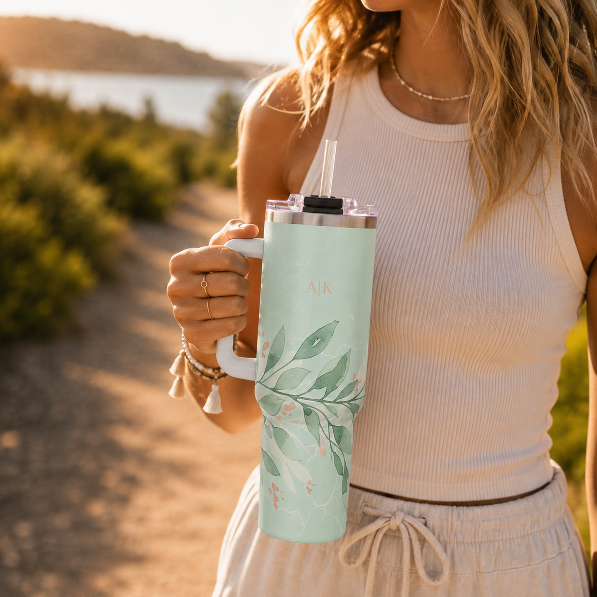 Personalized 40oz Tumbler with Handle - Sage Leaf Branch Custom Initials