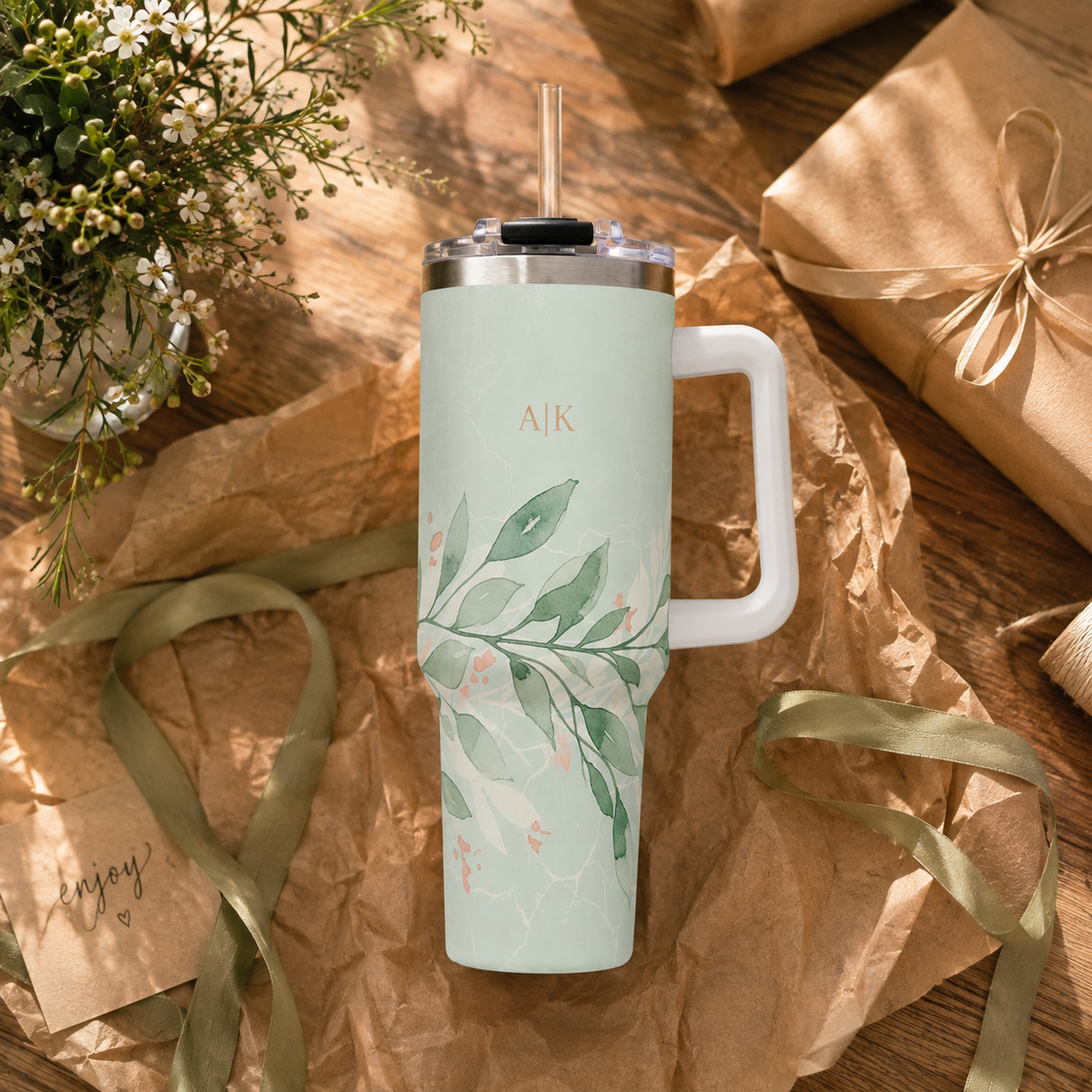 Personalized 40oz Tumbler with Handle - Sage Leaf Branch Custom Initials