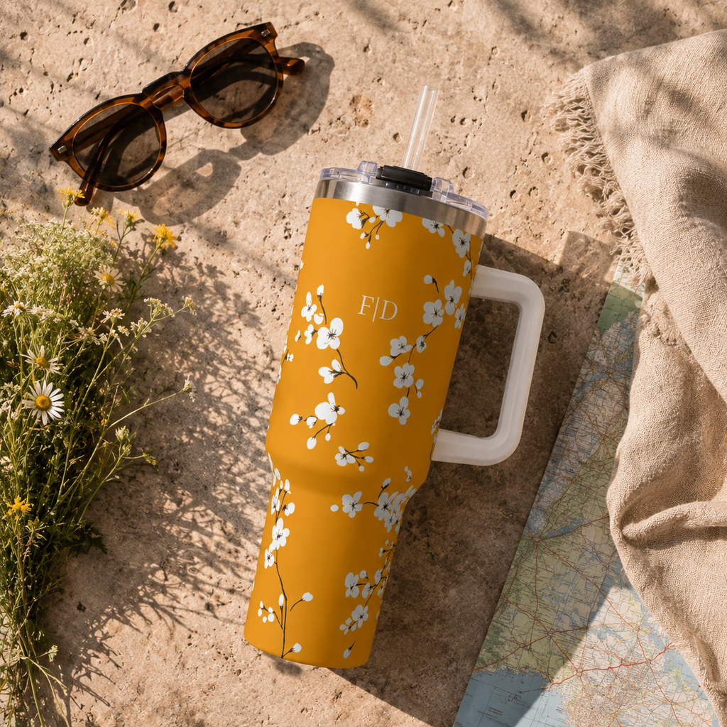 Personalized 40oz Tumbler with Handle - Mustard Cherry Blossom Custom Initials