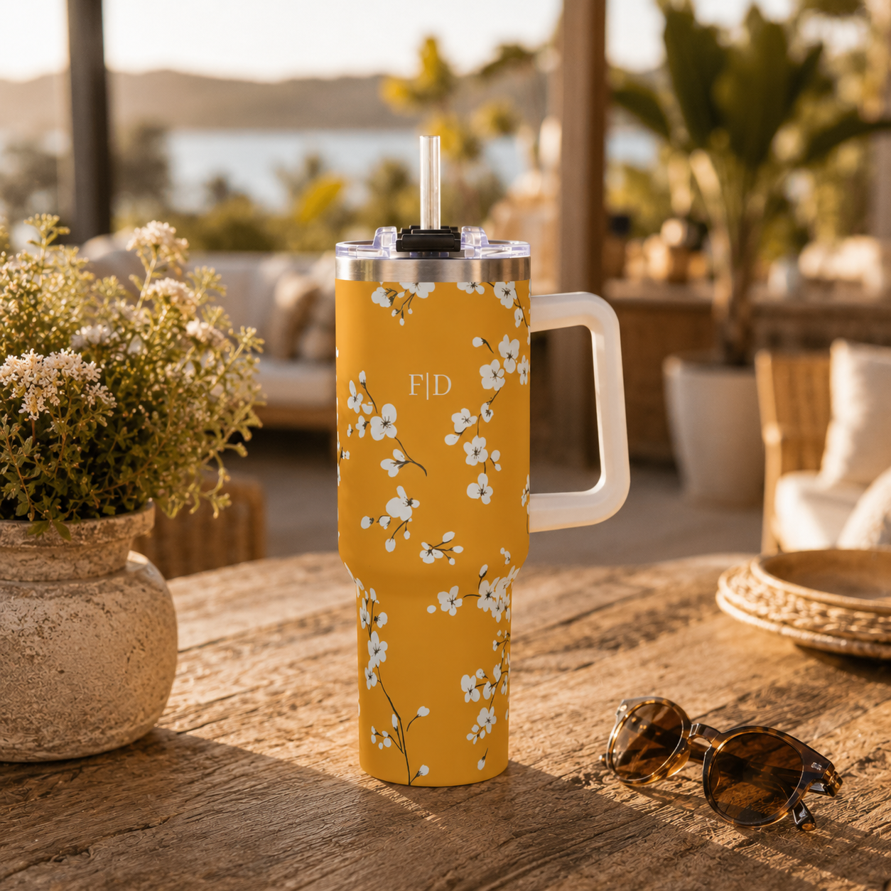 Personalized 40oz Tumbler with Handle - Mustard Cherry Blossom Custom Initials