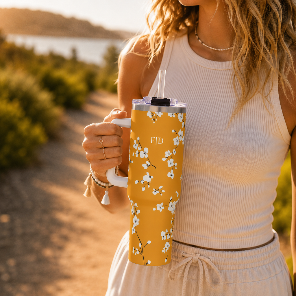 Personalized 40oz Tumbler with Handle - Mustard Cherry Blossom Custom Initials