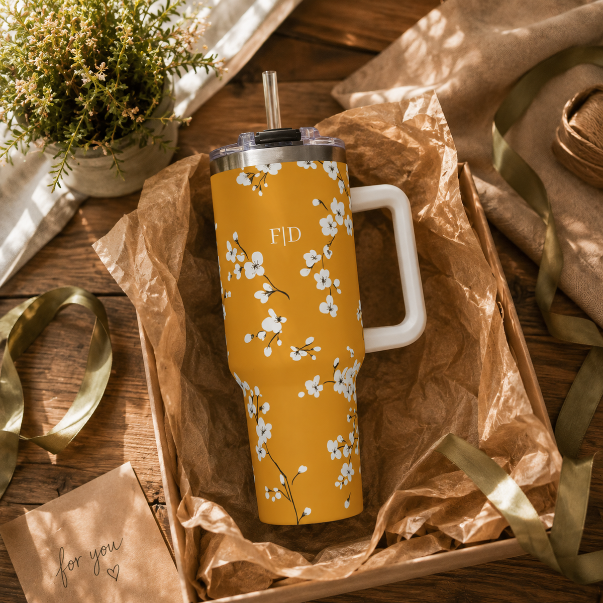 Personalized 40oz Tumbler with Handle - Mustard Cherry Blossom Custom Initials