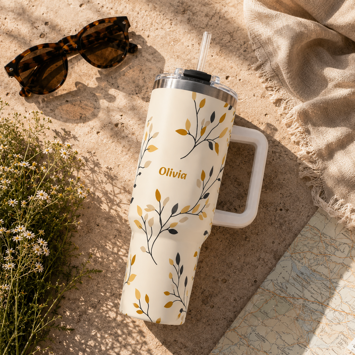 Personalized 40oz Tumbler with Handle - Autumn Leaf Branch Custom Name