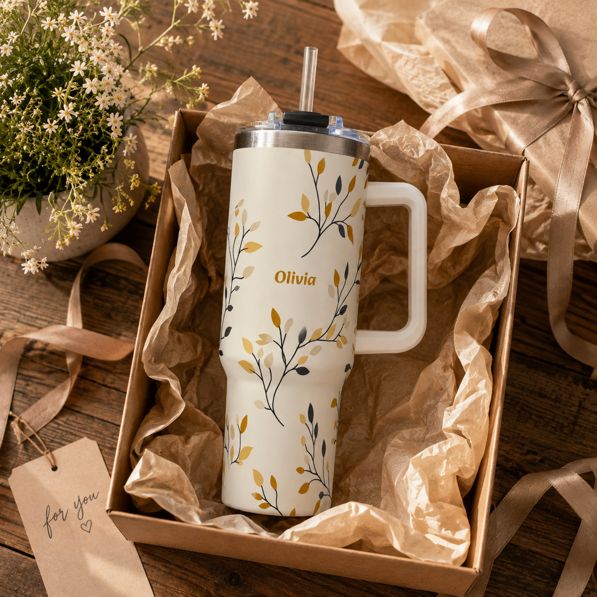 Personalized 40oz Tumbler with Handle - Autumn Leaf Branch Custom Name