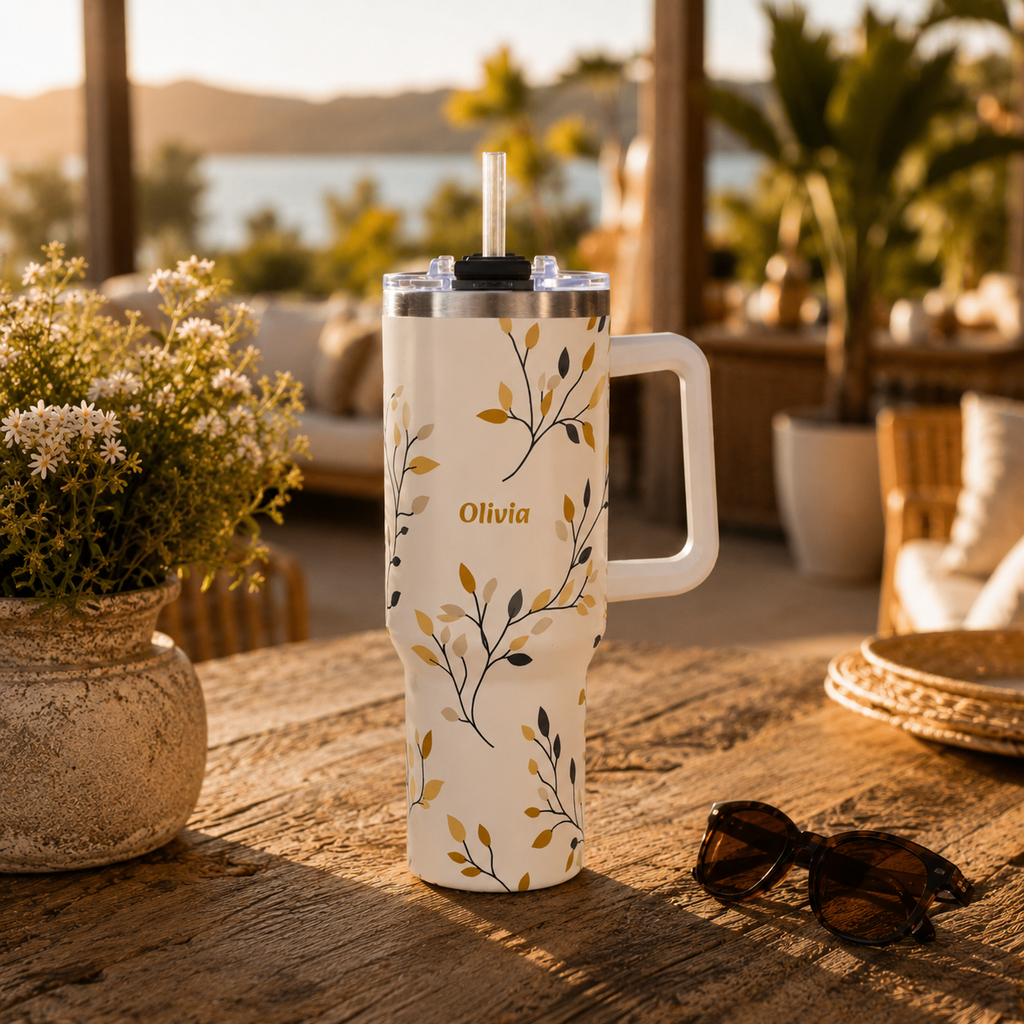 Personalized 40oz Tumbler with Handle - Autumn Leaf Branch Custom Name