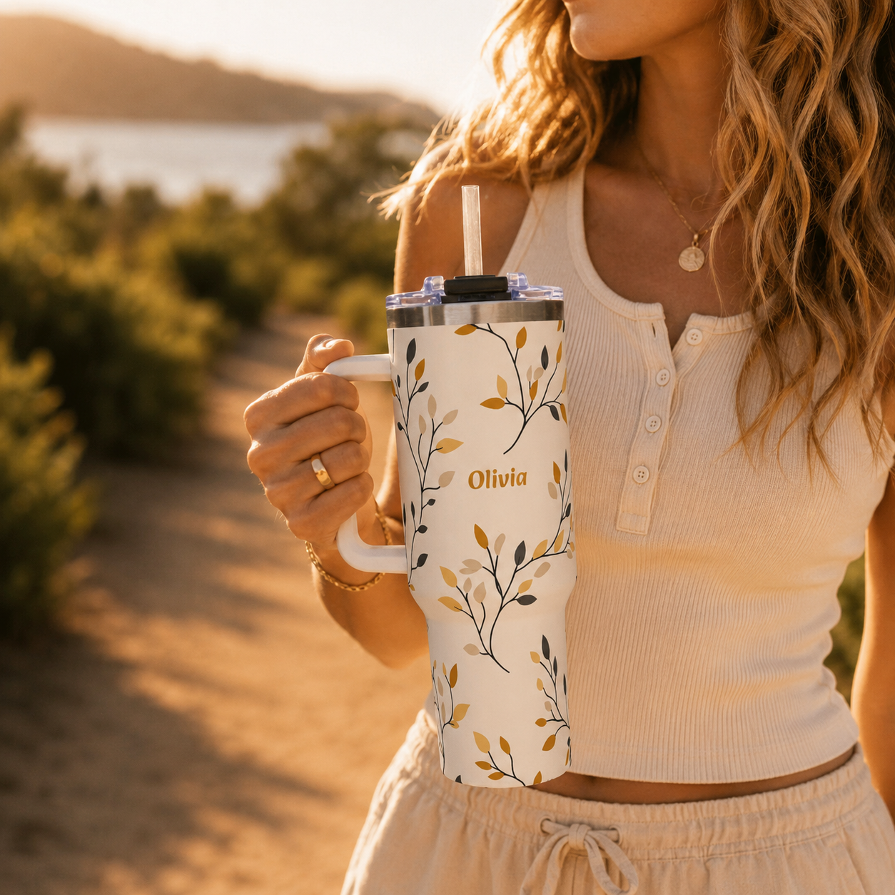 Personalized 40oz Tumbler with Handle - Autumn Leaf Branch Custom Name