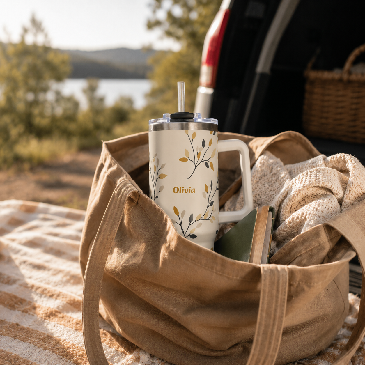 Personalized 40oz Tumbler with Handle - Autumn Leaf Branch Custom Name