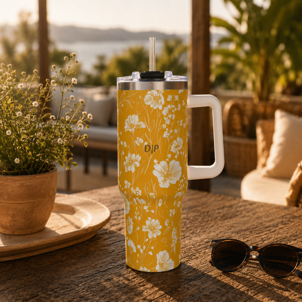 Personalized 40oz Tumbler with Handle - Mustard Wildflower Custom Initials