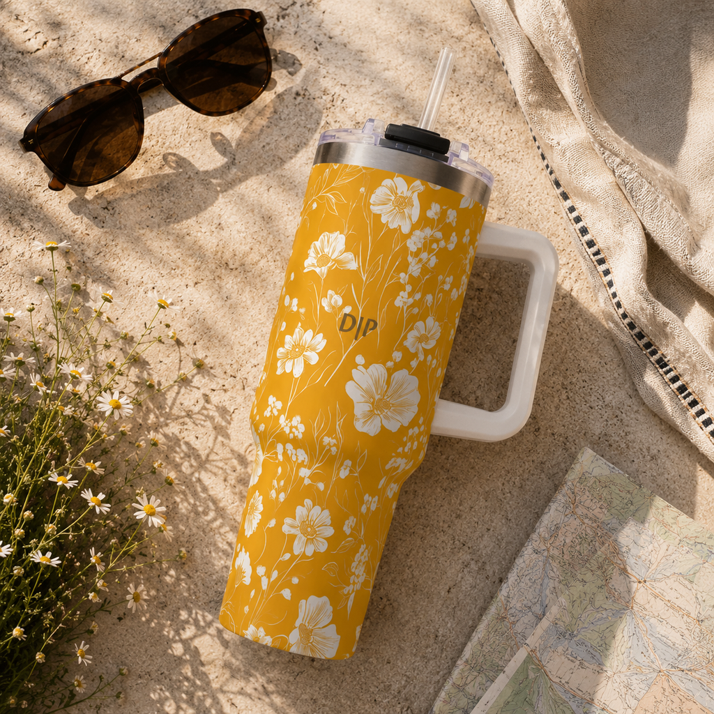 Personalized 40oz Tumbler with Handle - Mustard Wildflower Custom Initials