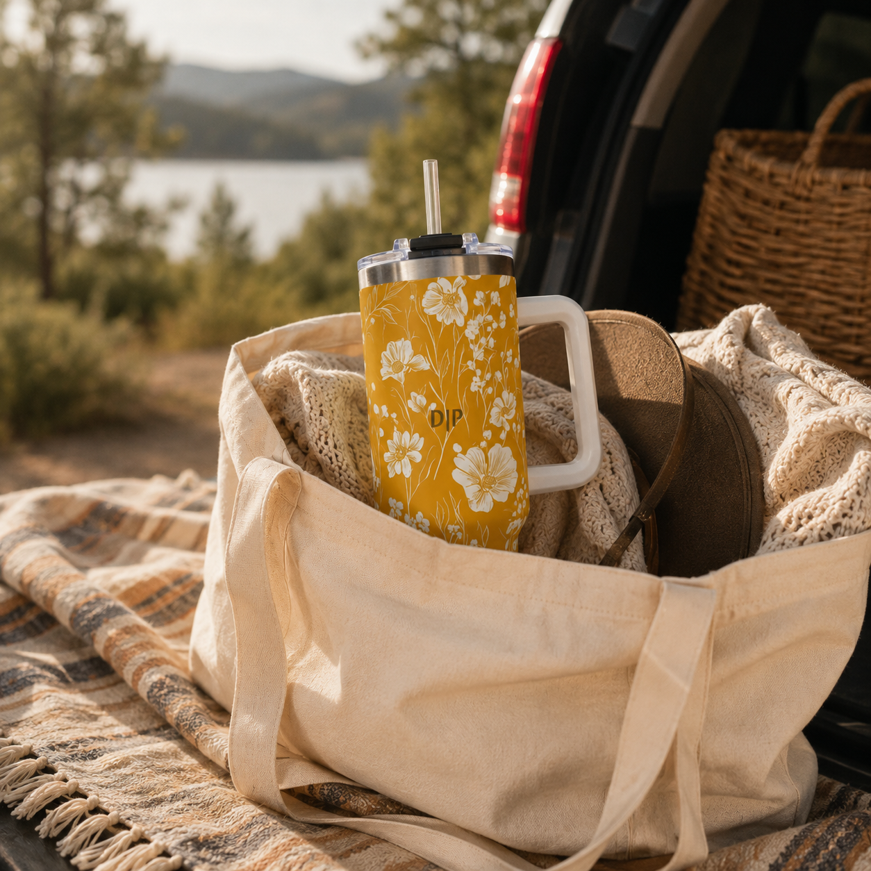 Personalized 40oz Tumbler with Handle - Mustard Wildflower Custom Initials