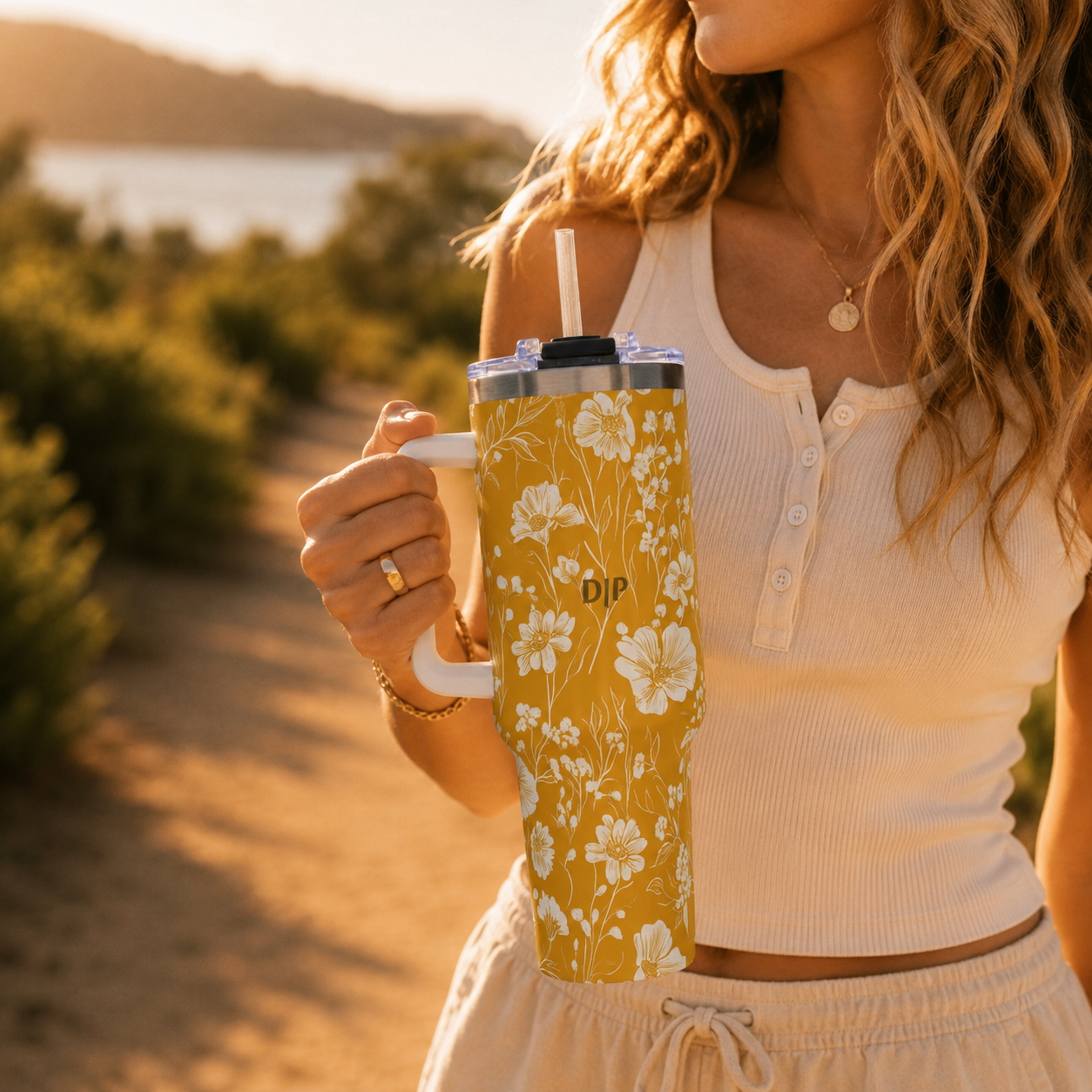 Personalized 40oz Tumbler with Handle - Mustard Wildflower Custom Initials