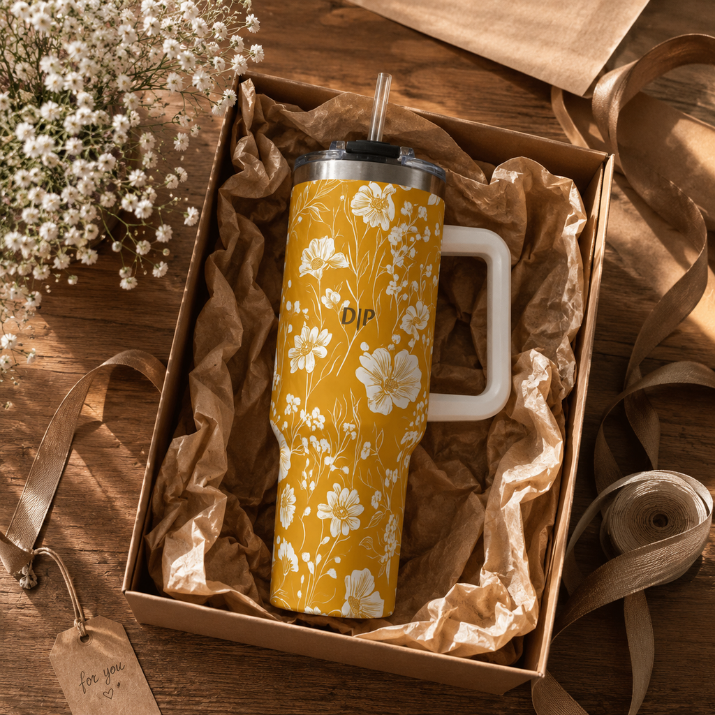 Personalized 40oz Tumbler with Handle - Mustard Wildflower Custom Initials