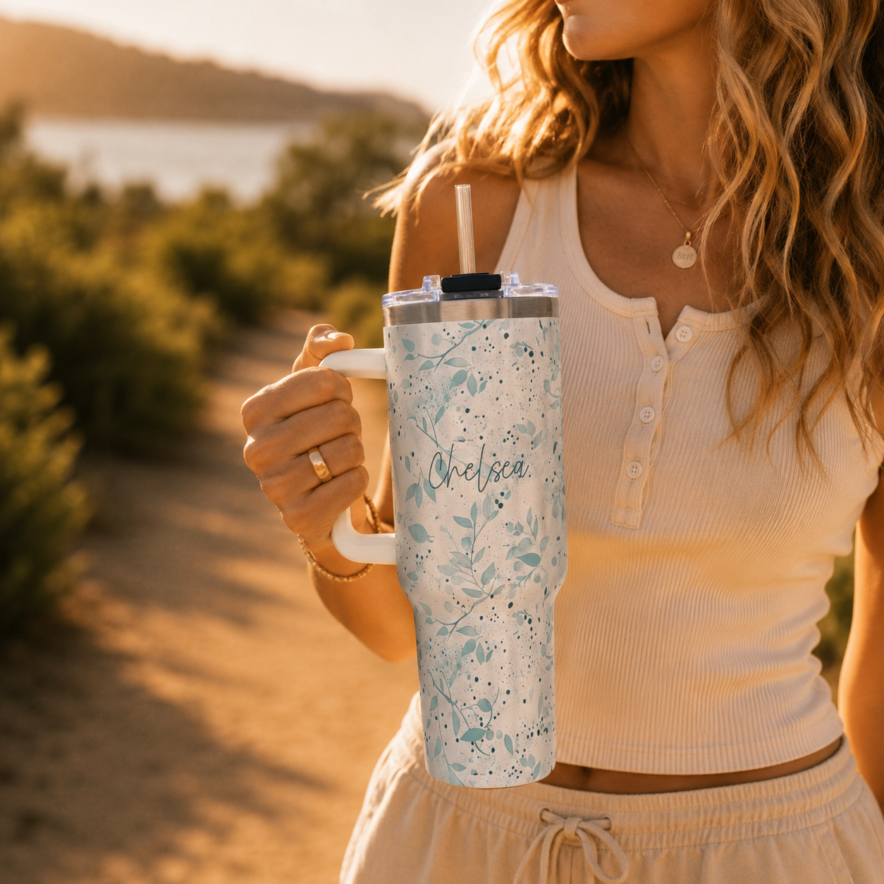 Personalized 40oz Tumbler with Handle - Sage Watercolor Leaf Custom Name