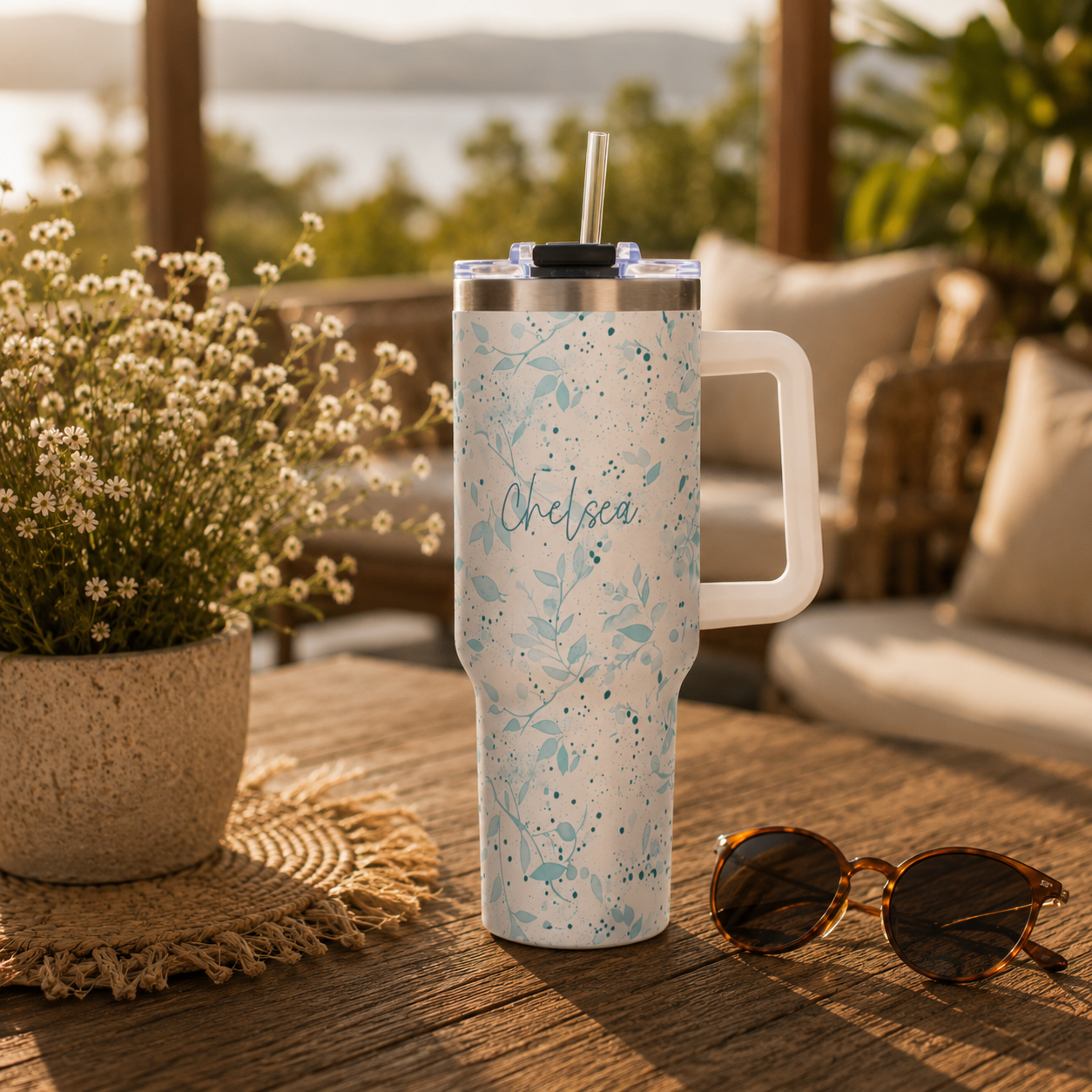 Personalized 40oz Tumbler with Handle - Sage Watercolor Leaf Custom Name