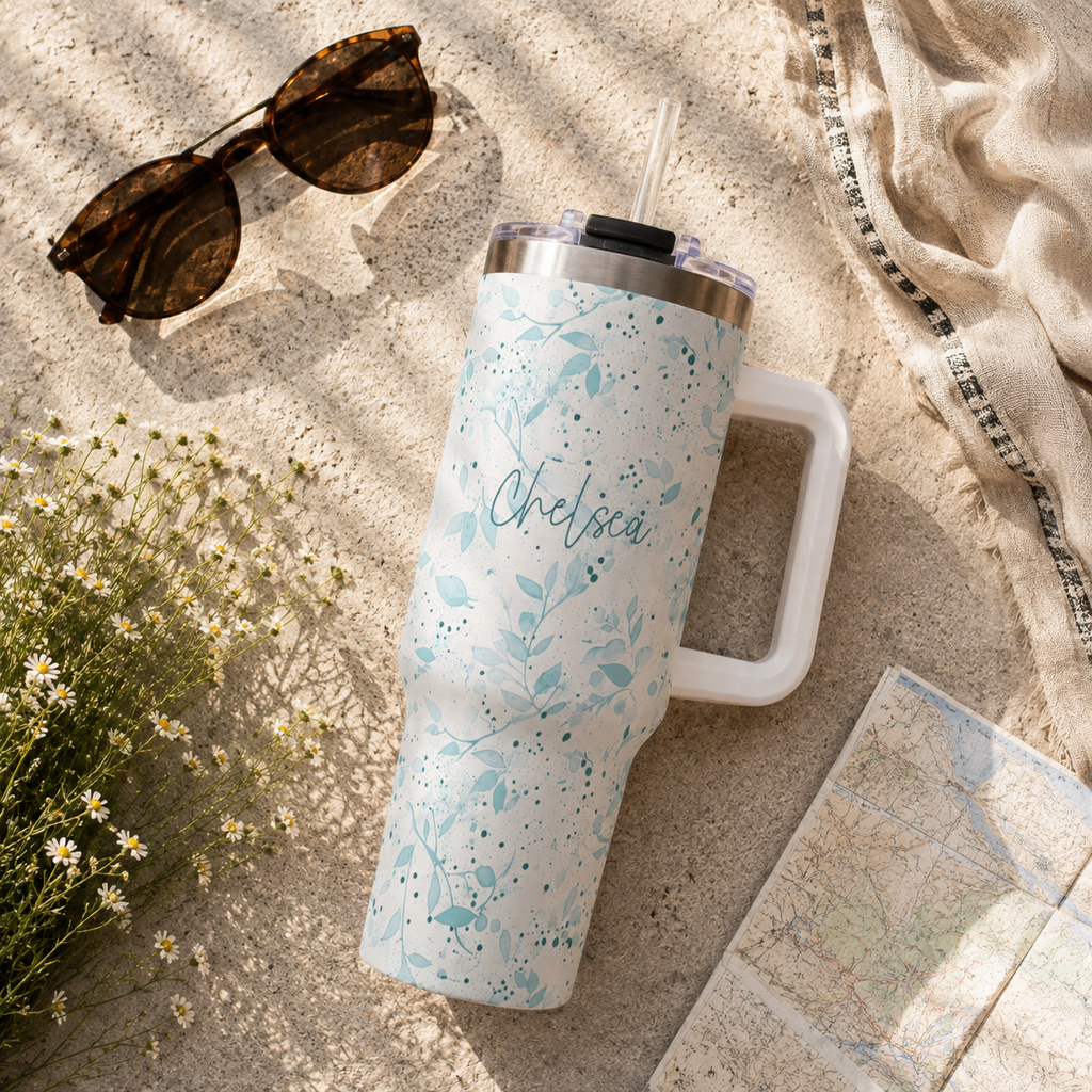 Personalized 40oz Tumbler with Handle - Sage Watercolor Leaf Custom Name