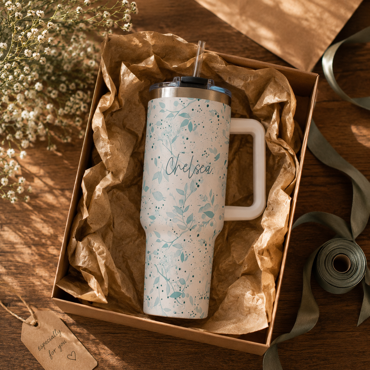 Personalized 40oz Tumbler with Handle - Sage Watercolor Leaf Custom Name