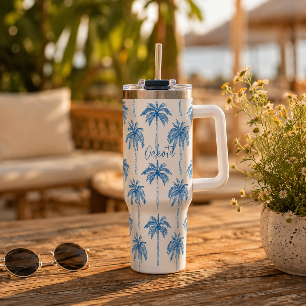 Personalized 40oz Tumbler with Handle - Blue Palm Tree Custom Name