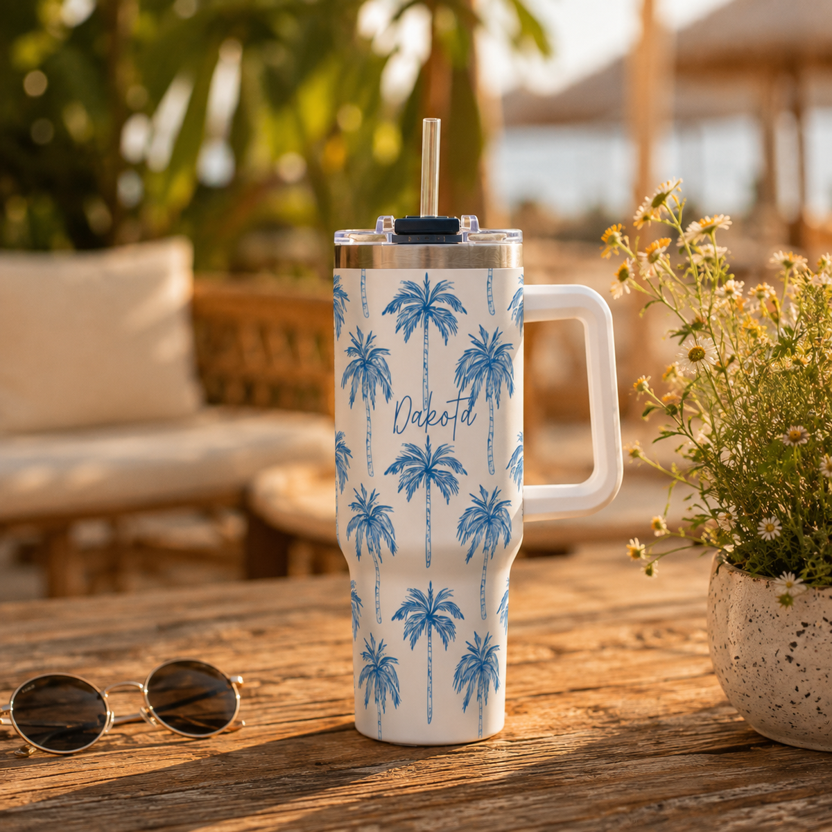Personalized 40oz Tumbler with Handle - Blue Palm Tree Custom Name