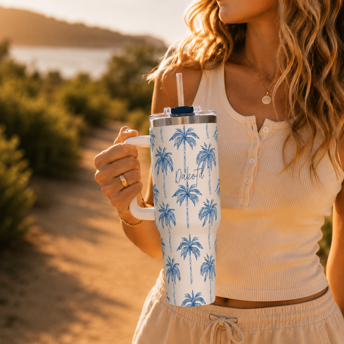 Personalized 40oz Tumbler with Handle - Blue Palm Tree Custom Name