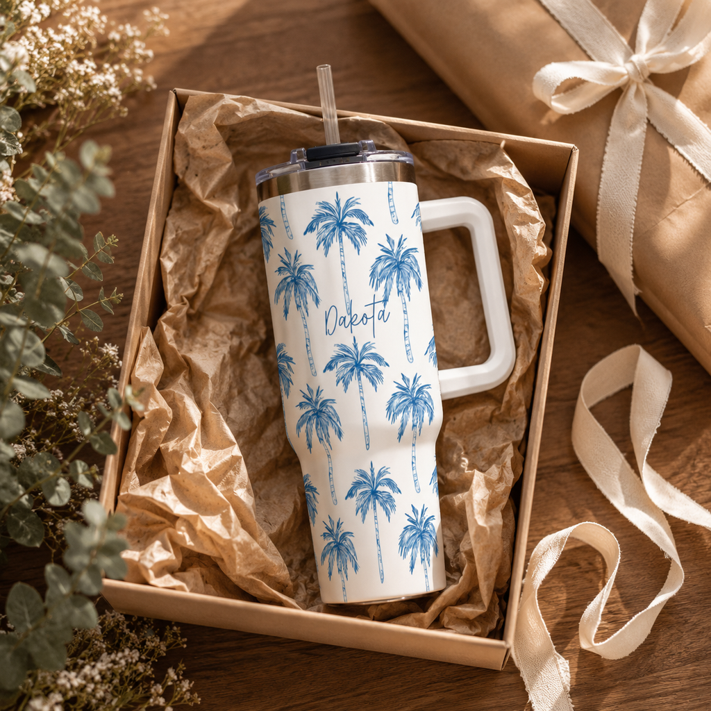 Personalized 40oz Tumbler with Handle - Blue Palm Tree Custom Name