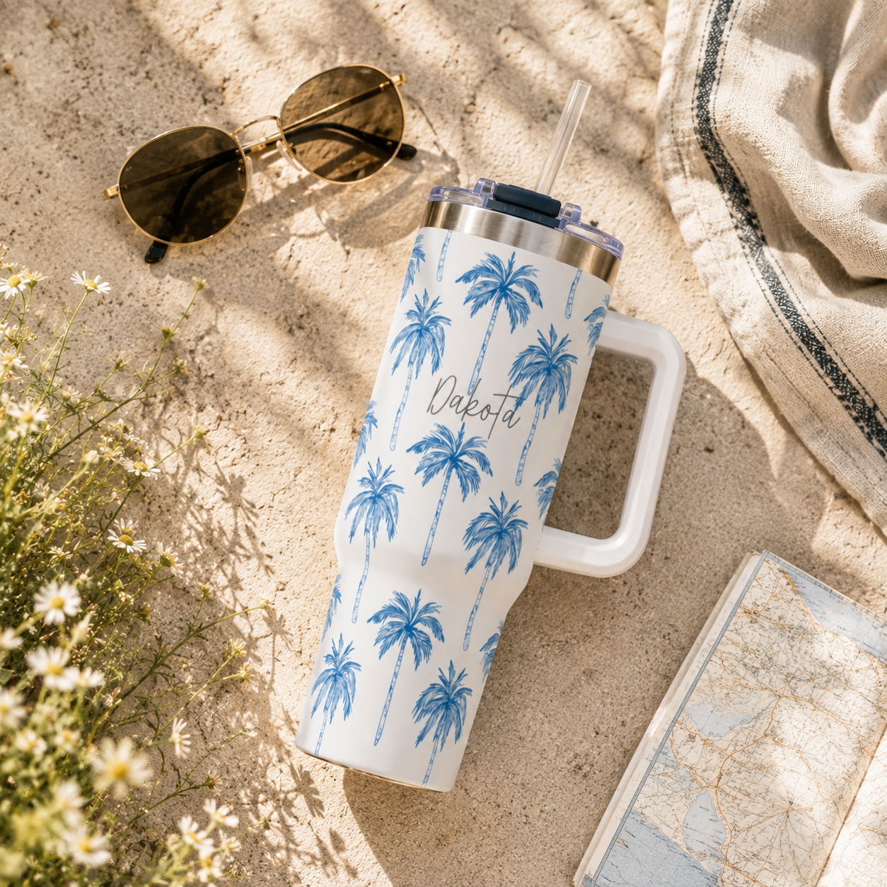 Personalized 40oz Tumbler with Handle - Blue Palm Tree Custom Name