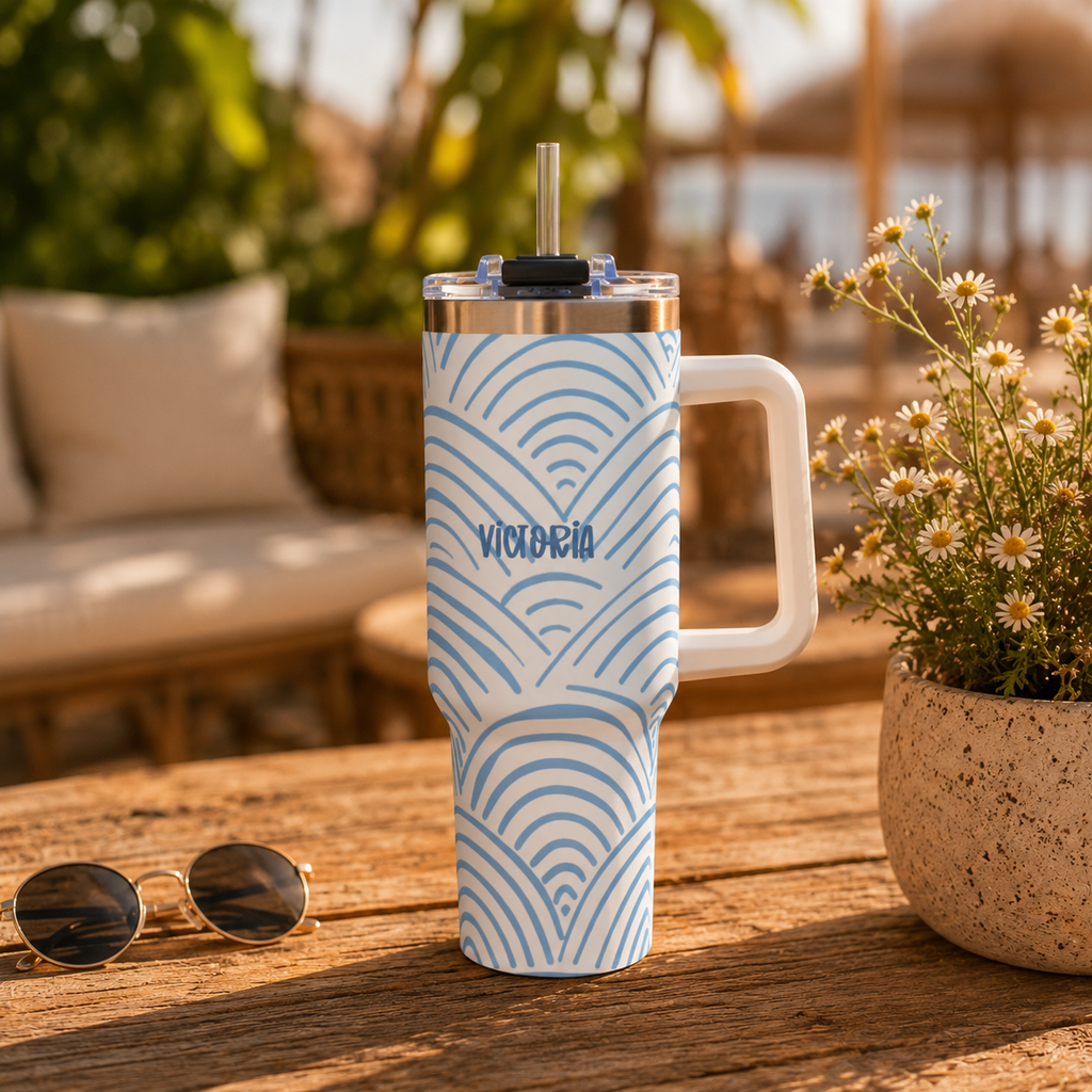 Personalized 40oz Tumbler with Handle - Blue Rainbow Arch Custom Name